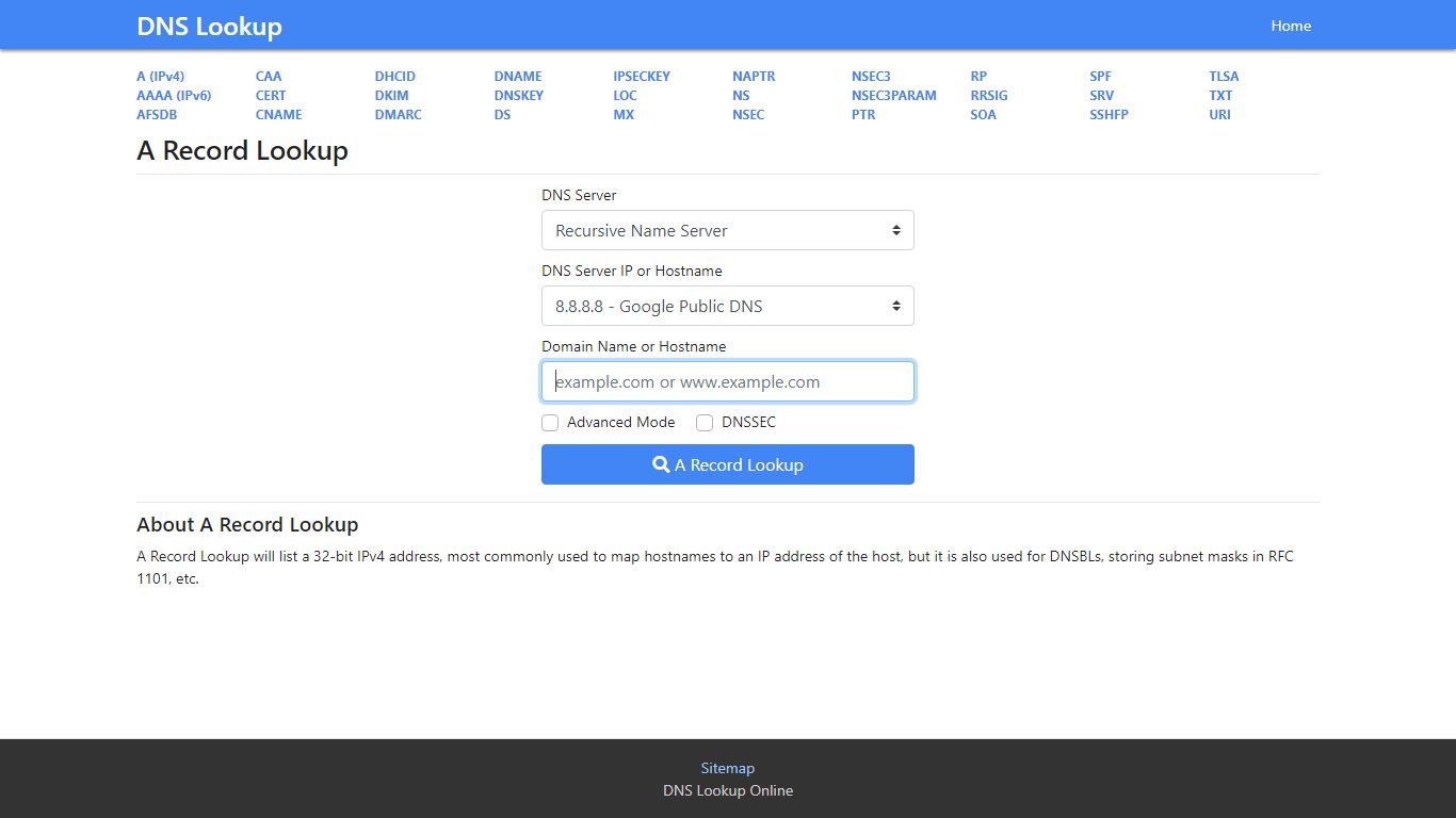 A Record Lookup - Check DNS IPv4 Records of Domain